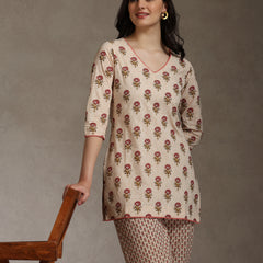 Floral Printed Cotton V-Neck Tunic With Trouser Co-Ords