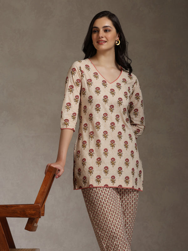 Floral Printed Cotton V-Neck Tunic With Trouser Co-Ords