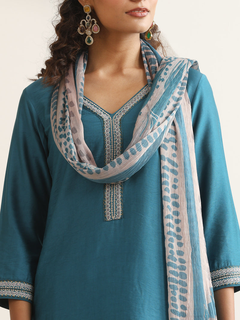 Khushal K Women Pure Silk blue Embroidered Kurta & Palazzo With Dupatta