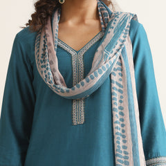 Khushal K Women Pure Silk blue Embroidered Kurta & Palazzo With Dupatta