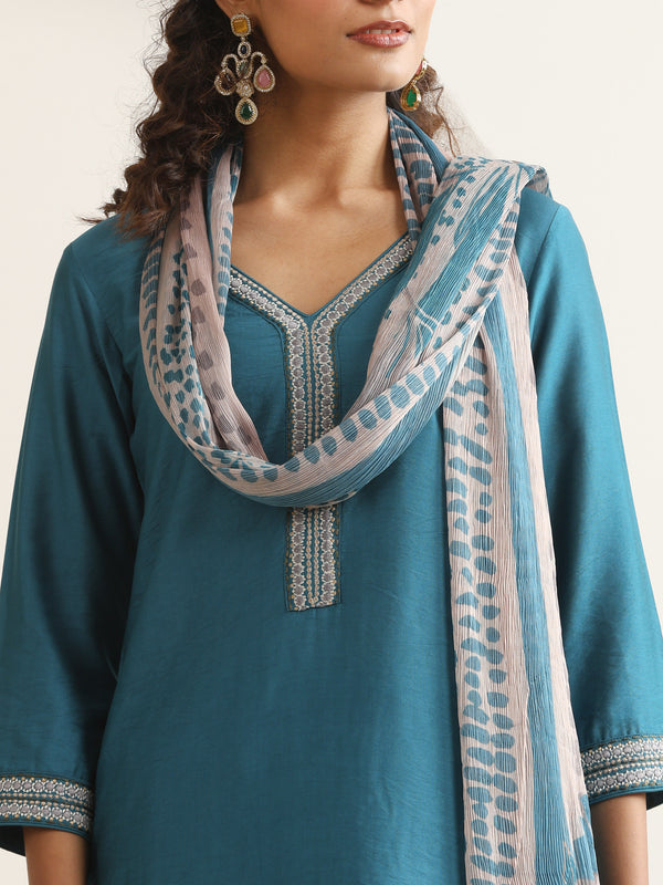 Khushal K Women Pure Silk blue Embroidered Kurta & Palazzo With Dupatta
