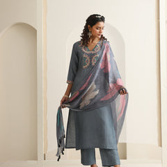 Khushal K Women Pure Silk grey Embroidered Kurta & Palazzo With Dupatta