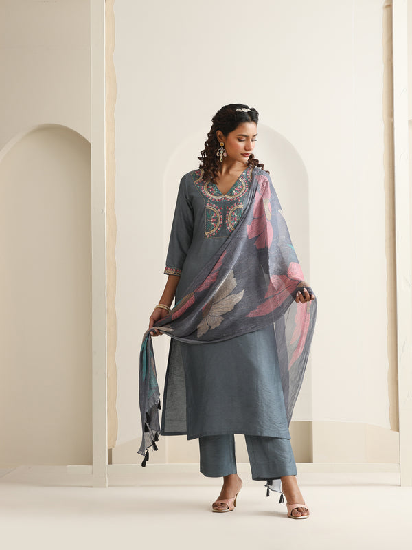 Khushal K Women Pure Silk grey Embroidered Kurta & Palazzo With Dupatta