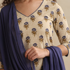 Khushal K Women Floral Printed Regular Pure Cotton Cream Kurta & Palazzo With Dupatta