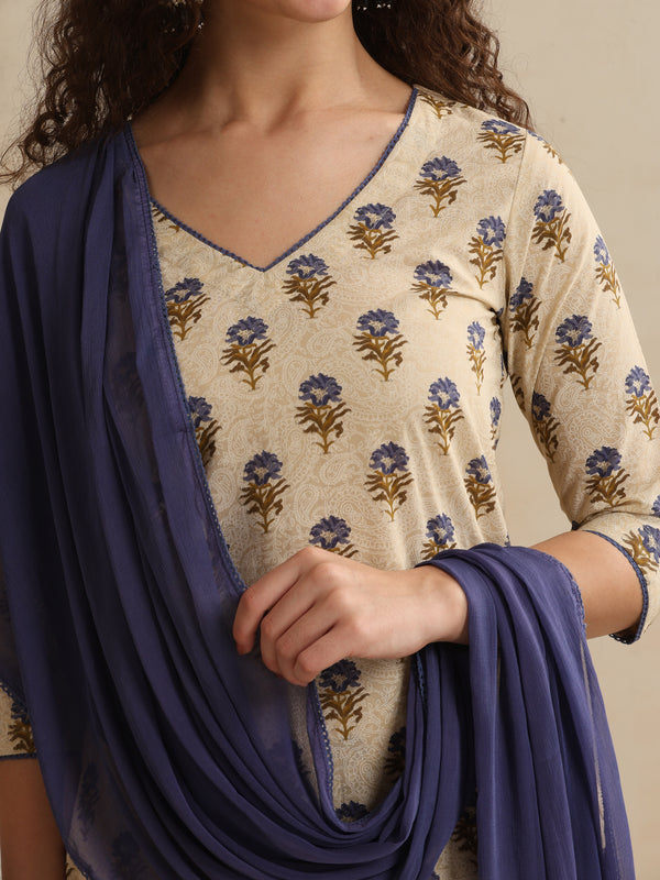 Khushal K Women Floral Printed Regular Pure Cotton Cream Kurta & Palazzo With Dupatta