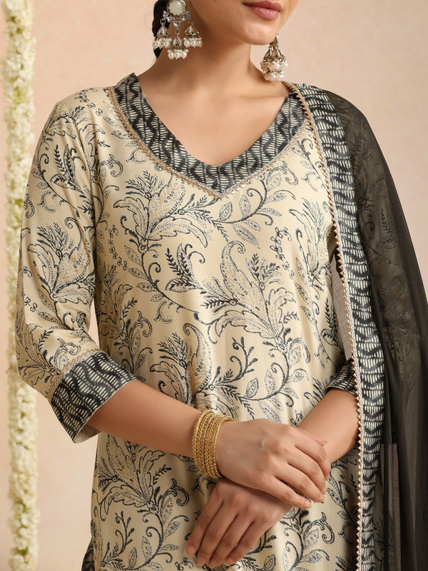 Cream & Black Ethnic Motif Kurta Set