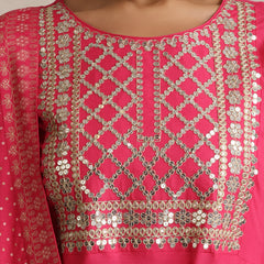 Floral Yoke Design V-Neck Thread Work A-Line Kurta With Trousers And Dupatta