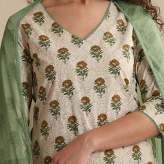 Khushal K Women Floral Printed Regular Pure Cotton Cream Kurta & Palazzo With Dupatta