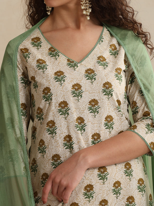 Khushal K Women Floral Printed Regular Pure Cotton Cream Kurta & Palazzo With Dupatta