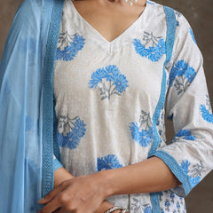 Women Floral Printed Cotton Kurta with Palazzo & Dupatta