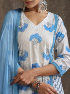 Women Floral Printed Cotton Kurta with Palazzo & Dupatta