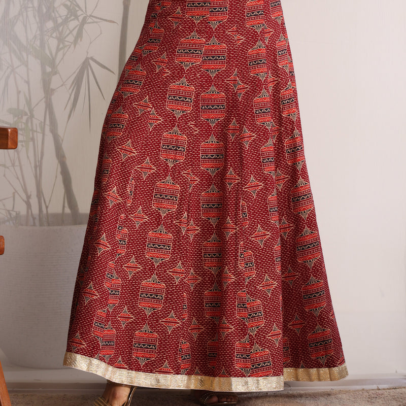 Khushal K Women's Maroon Printed Cotton Flared Maxi Skirt