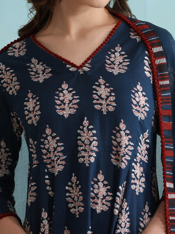 Ethnic Motifs Printed V-Neck Pure Cotton A-Line Kurta with Palazzos & Dupatta