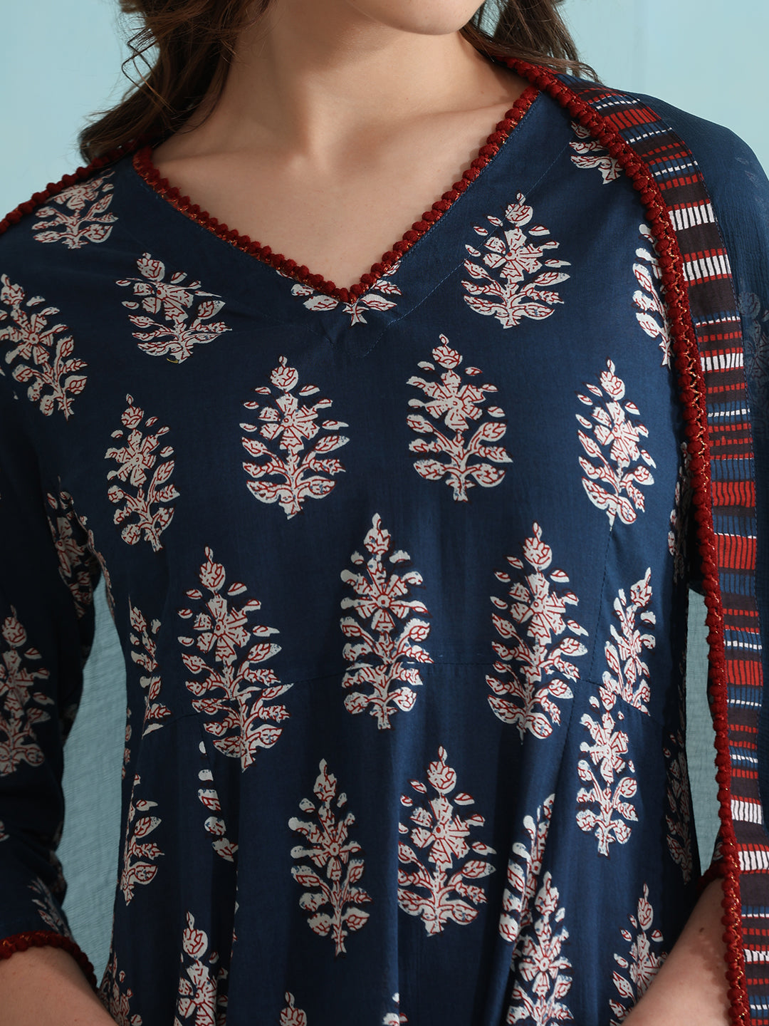 Ethnic Motifs Printed V-Neck Pure Cotton A-Line Kurta with Palazzos & Dupatta