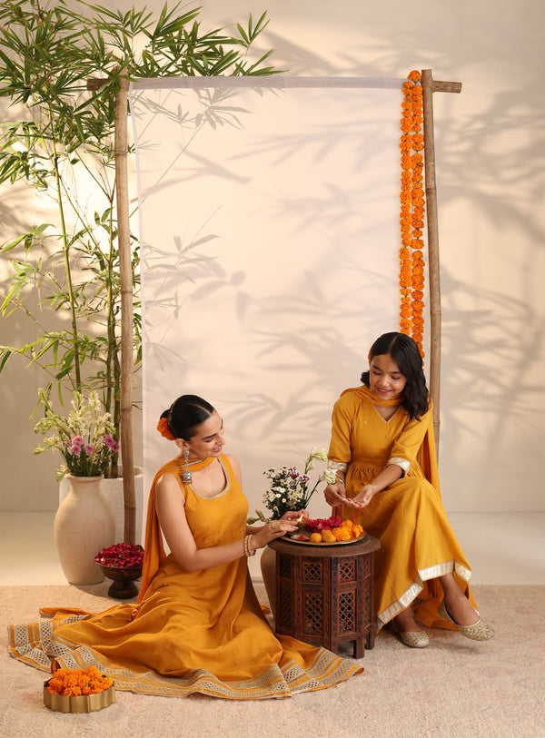 Khushal K Women Cotton Kurta and Palazzo With Dupatta Set - Mustard