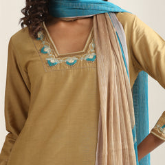 Khushal K Women Pure Silk yellow Embroidered Kurta & Palazzo With Dupatta
