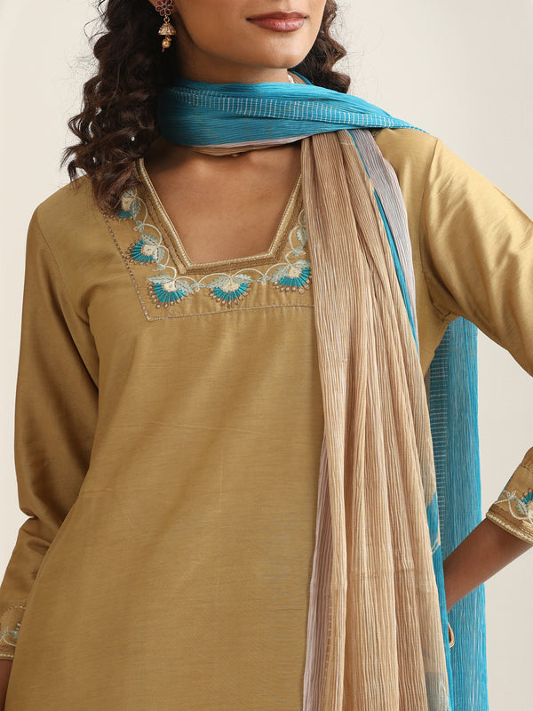 Khushal K Women Pure Silk yellow Embroidered Kurta & Palazzo With Dupatta