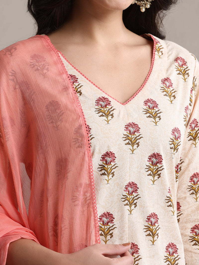 Khushal K Floral Printed V-Neck Pure Cotton Kurta set