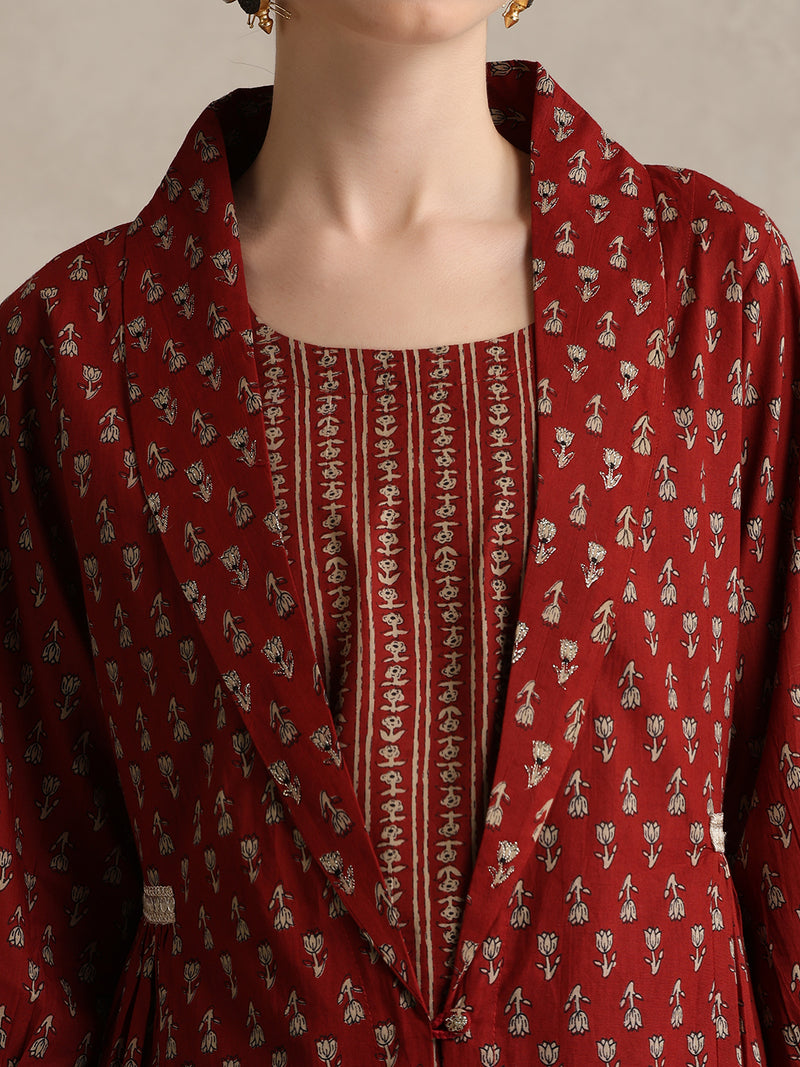 Rust Handblock Printed Cotton Co-ord Set with Jacket