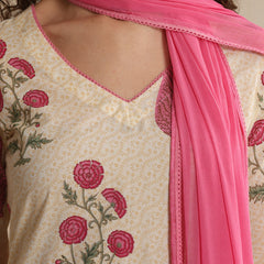 Khushal K Women Floral Printed Regular Pure Off White Cotton Kurta & Palazzo With Dupatta