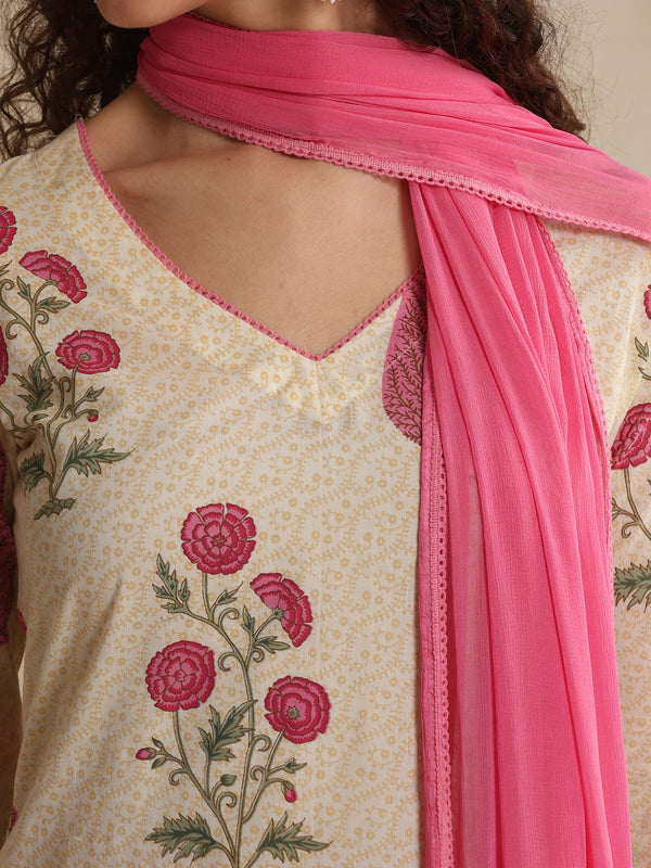 Khushal K Women Floral Printed Regular Pure Off White Cotton Kurta & Palazzo With Dupatta