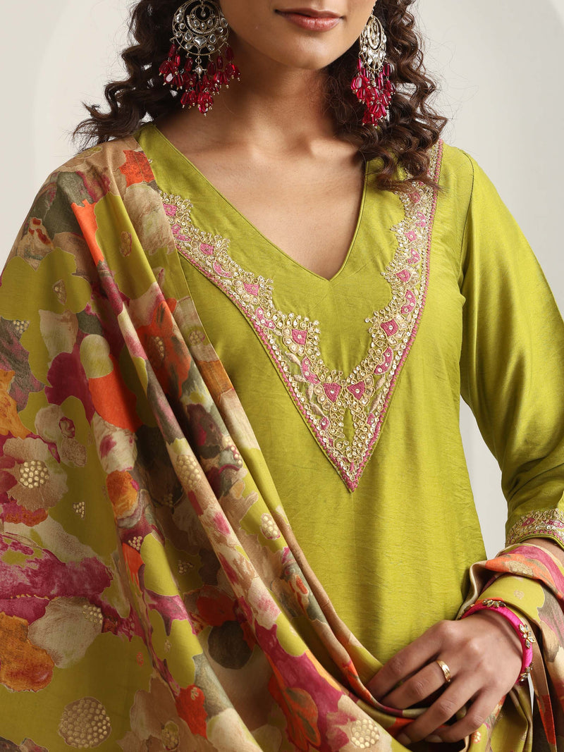 Khushal K Women Pure Silk green Embroidered Kurta & Palazzo With Dupatta