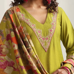 Khushal K Women Pure Silk green Embroidered Kurta & Palazzo With Dupatta