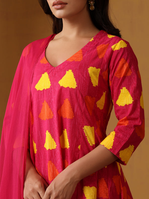 Khushal K Geometric Printed V-Neck Pure Cotton A-Line Kurta set