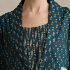 Teal Handblock Printed Cotton Blend Cord Set with Jacket