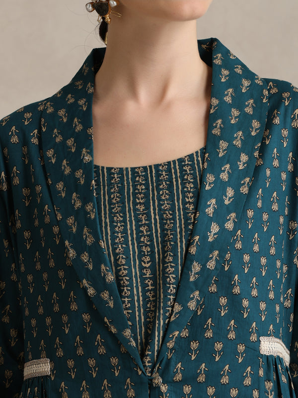 Teal Handblock Printed Cotton Blend Cord Set with Jacket