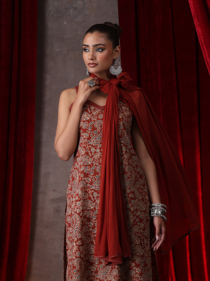 Khushal K Women Cotton kurta and palazzo with dupatta set - Rust
