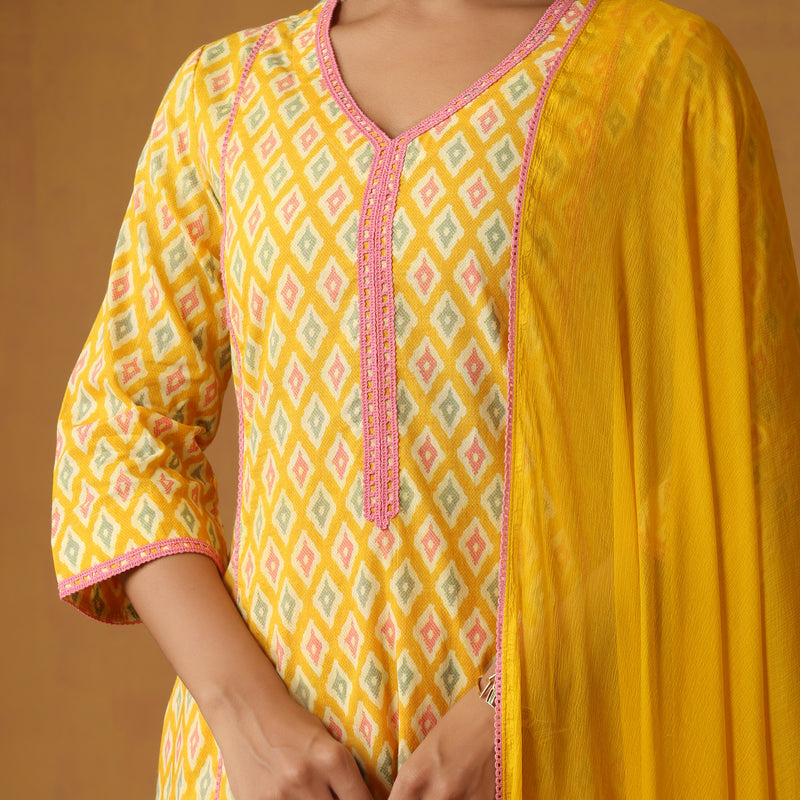 Women Printed Regular Aline Calf Length Kurta Set - Yellow - Khushal K - Image 2