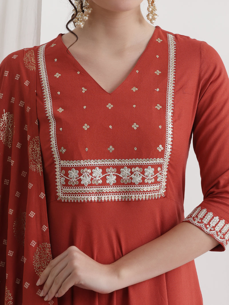 Khushal K Ethnic Motifs Rust  Anarkali Sequinned Kurta set