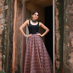 Khushal K Women's Maroon Printed Cotton Flared Maxi Skirt