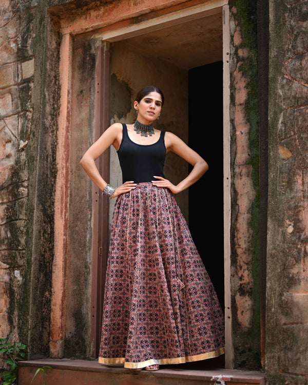 Khushal K Women's Maroon Printed Cotton Flared Maxi Skirt