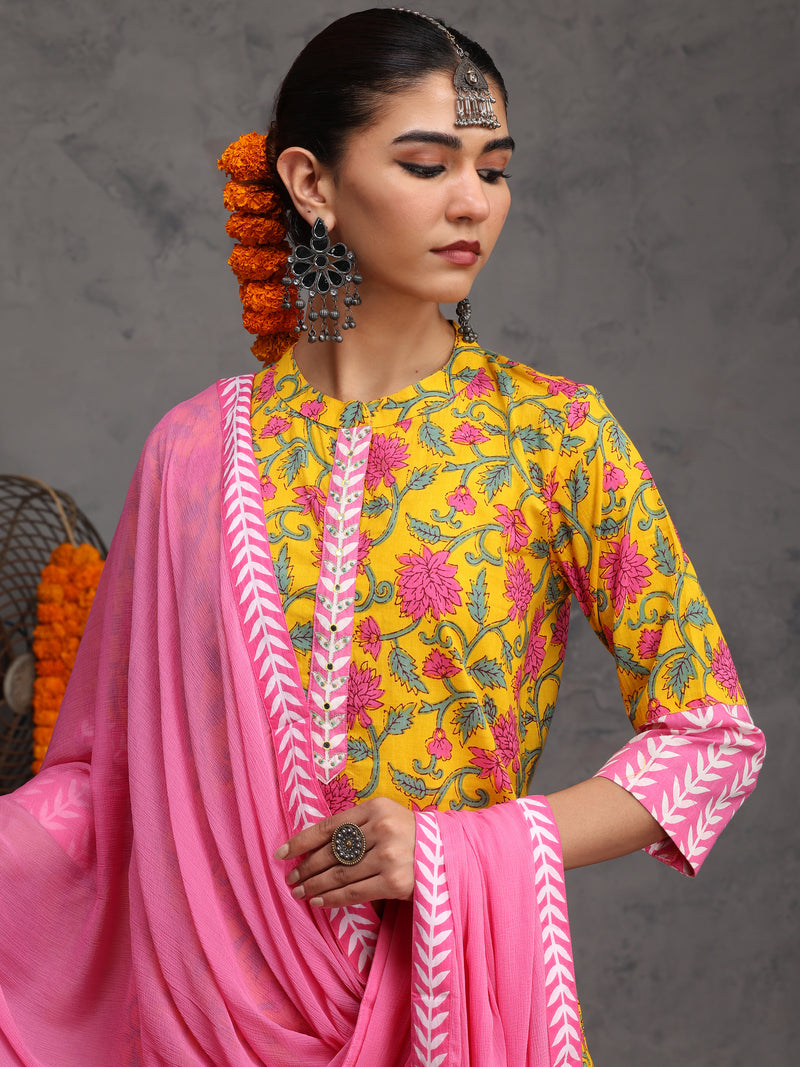 Khushal K Women Cotton Kurta Palazzo Dupatta Set - Yellow