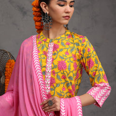 Khushal K Women Cotton Kurta Palazzo Dupatta Set - Yellow