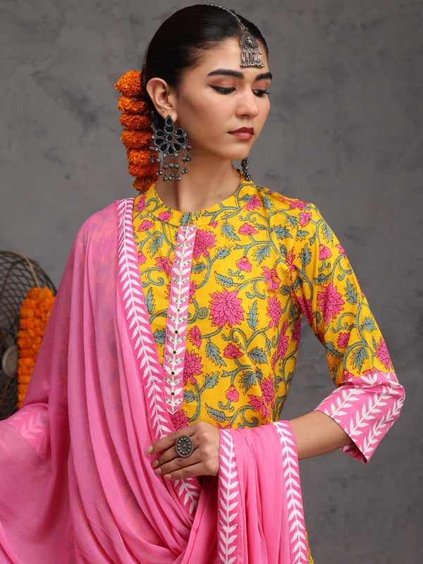 Khushal K Women Cotton Kurta Palazzo Dupatta Set - Yellow
