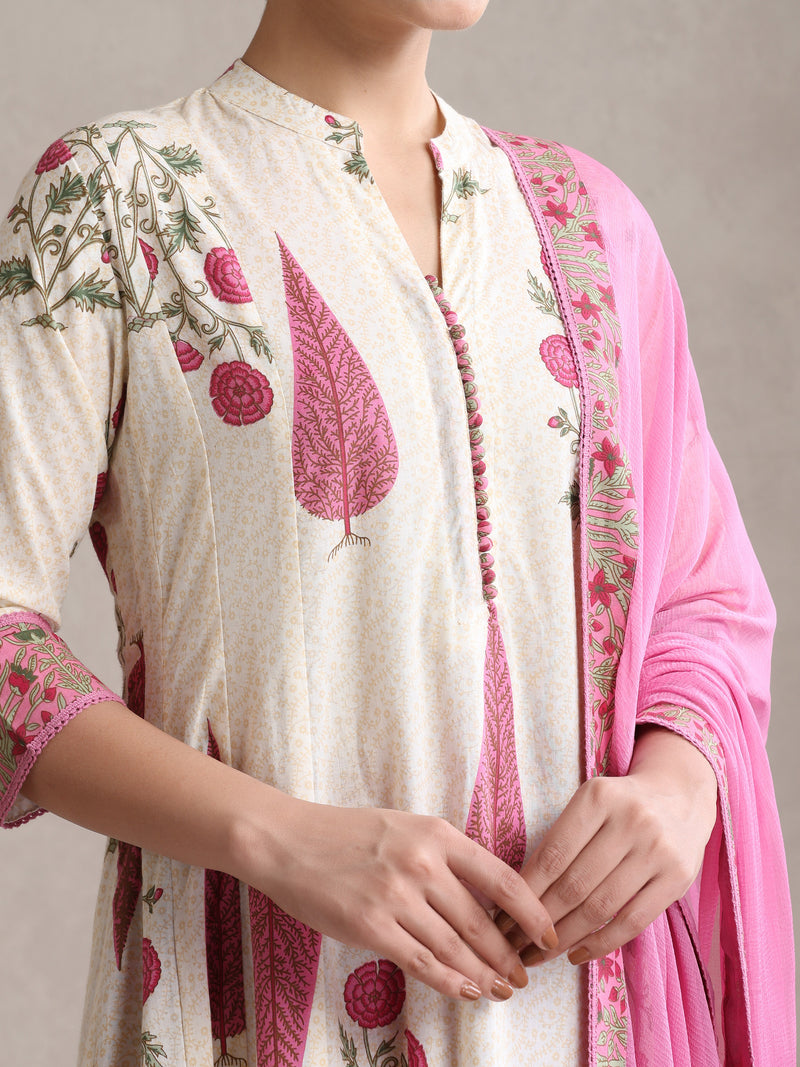 Women Floral Printed Cotton Kurta with Palazzos & Dupatta