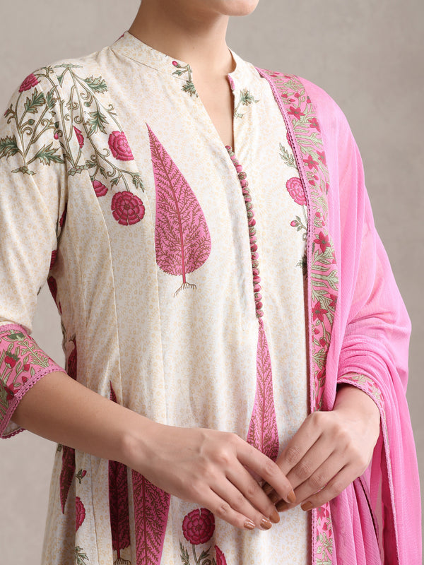 Women Floral Printed Cotton Kurta with Palazzos & Dupatta