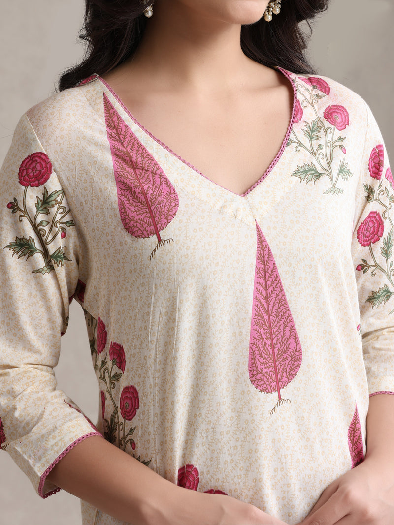 Floral Printed Cotton V-Neck Tunic With Trouser Co-Ords