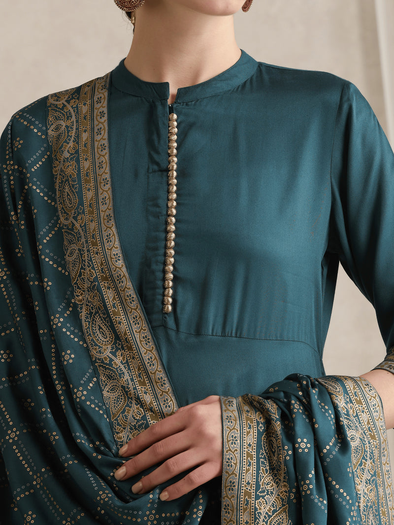 Ethnic Motifs Printed Mandarin Collar A-Line Kurta With Trousers And Dupatta