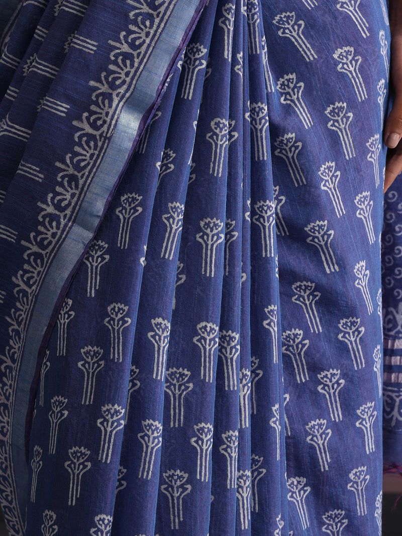 Women Hand Block Blue Cotton Linen Printed Saree