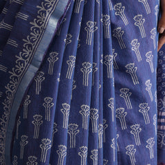 Women Hand Block Blue Cotton Linen Printed Saree