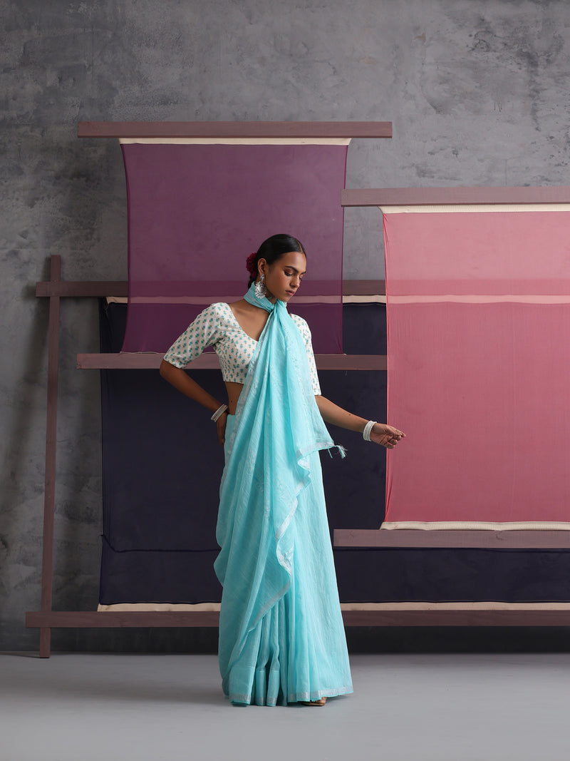 Women Cotton Torquoise Blue Linen Printed Saree
