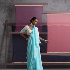 Women Cotton Torquoise Blue Linen Printed Saree