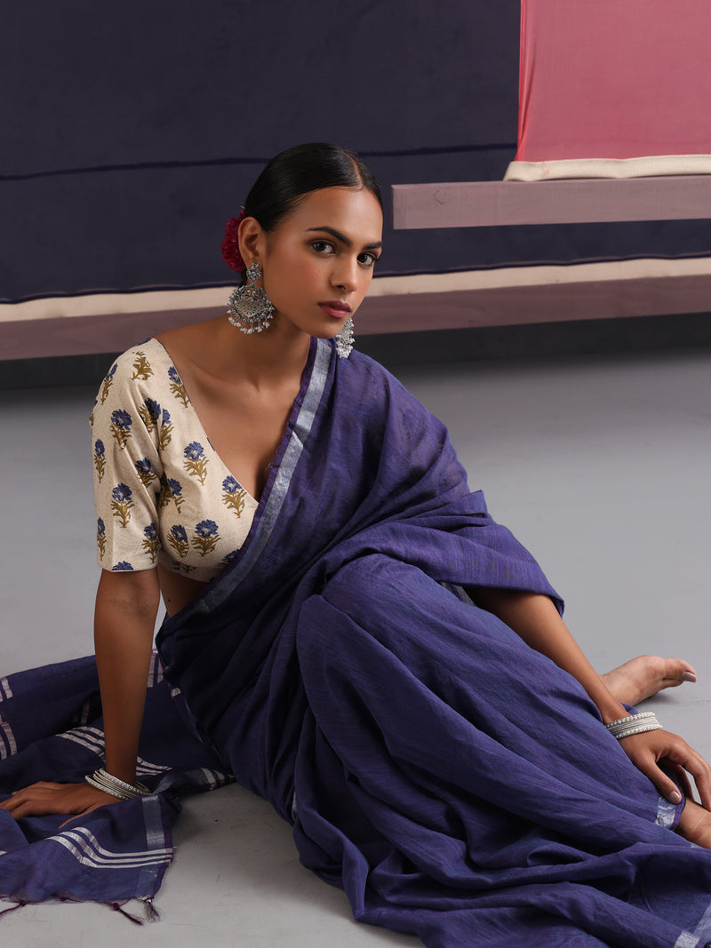 Women Cotton Blue Linen Printed Saree