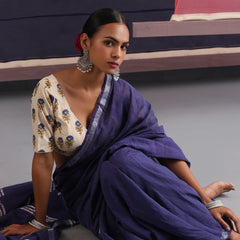 Women Cotton Blue Linen Printed Saree