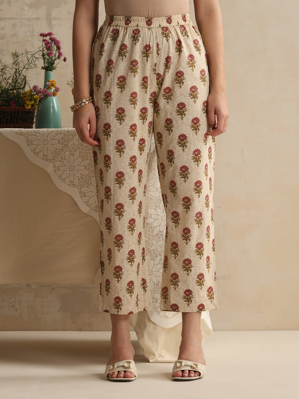 Khushal K Women Floral Printed Cream Regular Pure Cotton Kurta & Palazzo With Dupatta