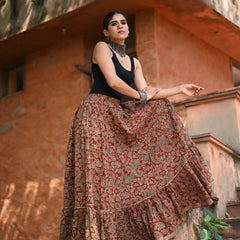 Khushal K Women's Rust Printed Cotton Flared Maxi Skirt